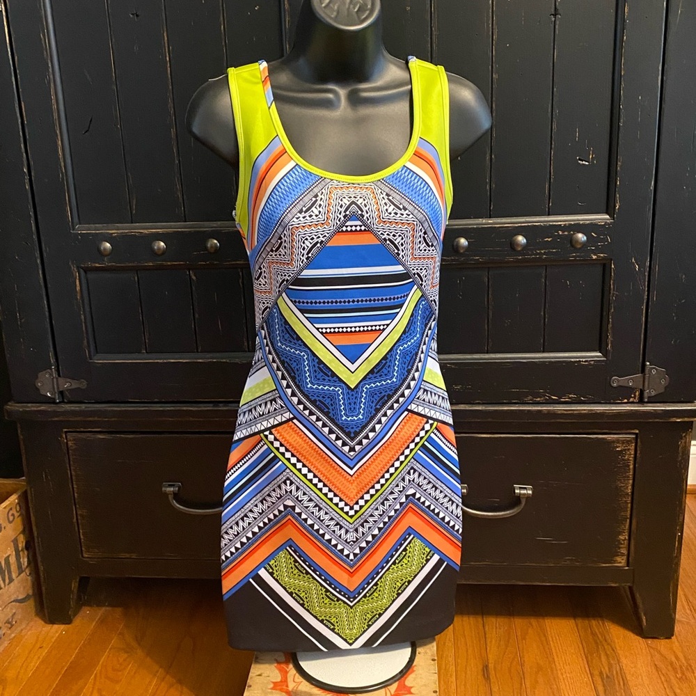 Laundry By Shelli Segal Blue and Orange Sleeveless Bodycon Mini Dress